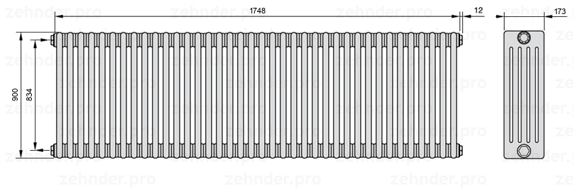 Схема (чертеж) Радиатор Zehnder Charleston 5090/38 №1270 Белый глянцевый RAL 9016